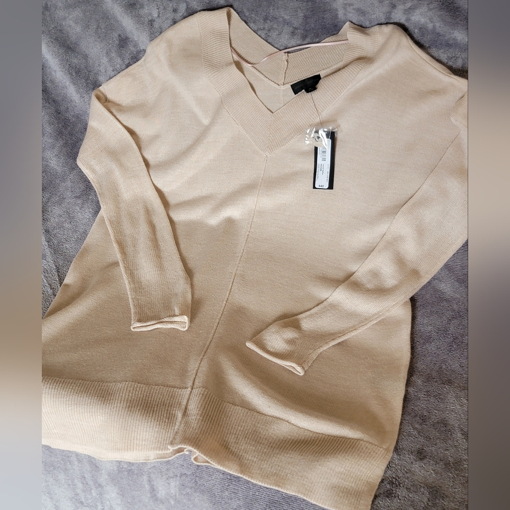 Women's Sz M Worthington Beige V-Neck Sweater NWT Oversized And Soft